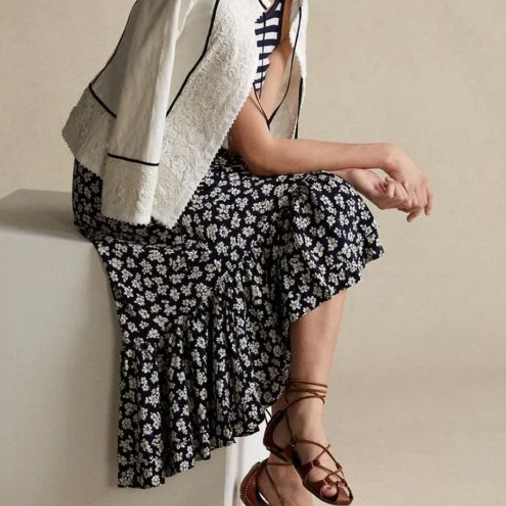 Polo Ralph Lauren Navy Floral Print Crepe Midi Wrap Skirt